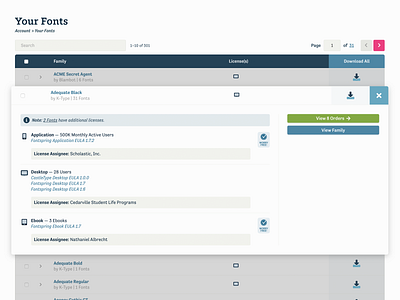 Updating the “Your Fonts” List datatable fontspring licensing product design table ui user inteface ux web design