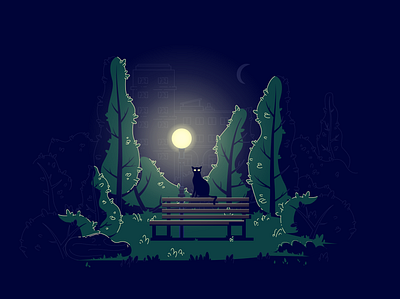 park at night cat city dark enviroment flat illustration illustrator moon nature park trees