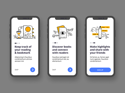 The Reader - Illustration process app art article case study ebook graphic hand drawn illustration onboarding reader ui