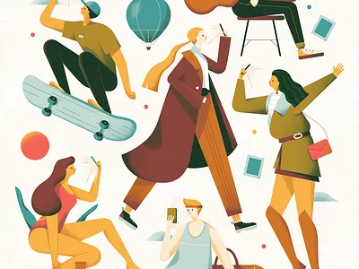 Selfie Trends camera character clothes collage editorial fashion flat girl guy human illustration man people person photo polaroid selfie skateboard vector woman