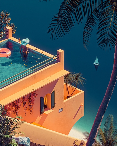 España 3d architecture blue boat cinema 4d mediterranean orange pool poster relax render spain summer summertime swim teal vintage