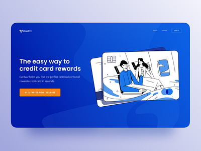 Travel Reward Credit Card Service Website art bank finance character clean credit card drawing flat happy customer hero shot homepage illustrated emotion illustration inspiration minimal simple travel vector web design website zajno