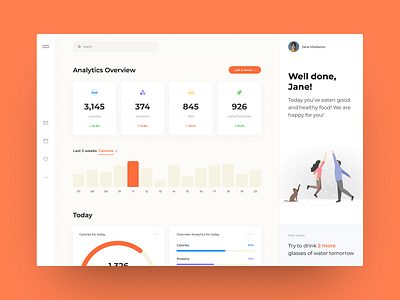 Healthy Food Webapp alimentation analytics clean daily advice dashboard food nutrition orange overview statistics web design webapp webapp design webapplication webapps website website design white