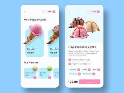 Ice cream App app design butterscotch chocolate combo cone desserts ice cream ice cream cone ice cream shop icecream ios mango pistachio scoop soft serve strawberry ui
