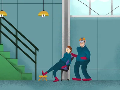 Character Design and animation animation chair character character design color concept design factory fall girl glowes help illustration jump lamp man office pain safety starirs