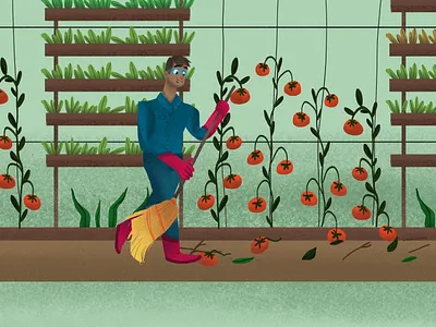 Character Design and animation animation art character character design concept dirty dirty work flower glass glowes hand illustration man plant safety texture tomato window woman wood