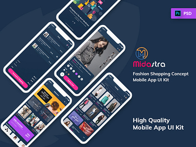 Midastra-Fashion Shopping Mobile App UI kit Dark analyze android ecommerce ios lightversion mobileapp shop shopping statistics trending uidesign uikit