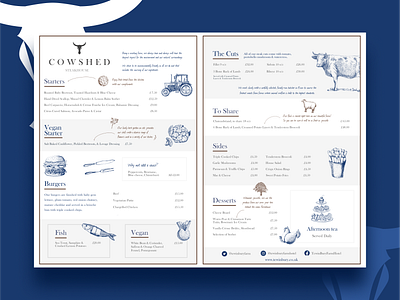 Menu design - The Cowshed cow farm food illustrations logo design menu menu design print print design restuarant rustic steak traditional