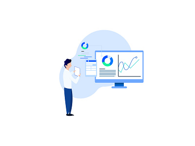 Flat Illustration for the landing page blue building character charts computer flat design illustraion laptop ui