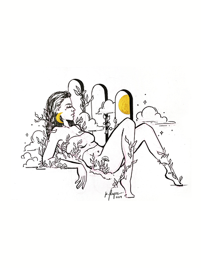 Inktober Day 14 — Overgrown art artist drawing garden girl gold illustration ink inktober instagram moon painting signature sun