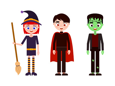 Halloween costumes for kids. Witch, Dracula and Frankenstein. autumn boy character costume party design dracula fags flat frankenstein girl halloween hat illustration october party people scary set vector witch