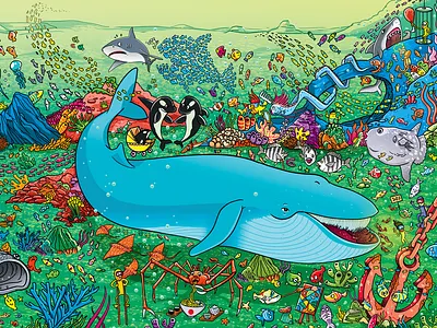 Oceans - Book cover, A seek and find game under the sea advertising detail editorial fishes illustration isometric isometric art isometric illustration map ocean pixel art sea seek and find seek and find where is waldo where is wally