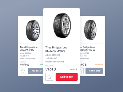 The product card for the online store add to cart bridgestone car cards design in stock online shop online store product cards tires ui ux web website winter
