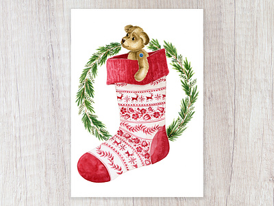 Christmas Stocking art artist capetown cards christmas card christmas cards christmas stocking cuddles deck the halls design illustration stocking stocking stuffer teddybear tis the season toys for tots watercolor winter greens wreath