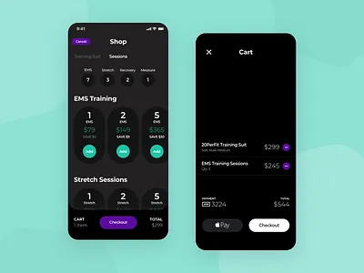 20PerFit - Sessions and Cart amoled app booking cart checkout clean fitness ios minimal mobile oled packages payment ui ux workout