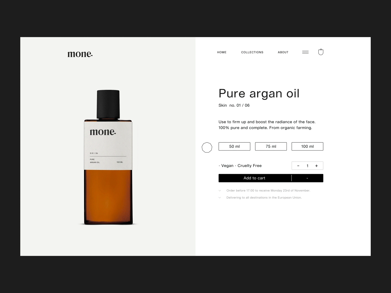 Mone Natural Skincare Brand Website animation bottles branding font gif grid identity juste liquid liquid motion logo minimal motion navickaite packaging skincare typography ui ux web