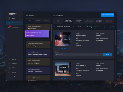Outdoor Media Analytics Platform - TADDY dark dark app dark mode dark theme dark ui dashboard outdoor outdoor advertising outdoor media product design taddy ui user interface ux