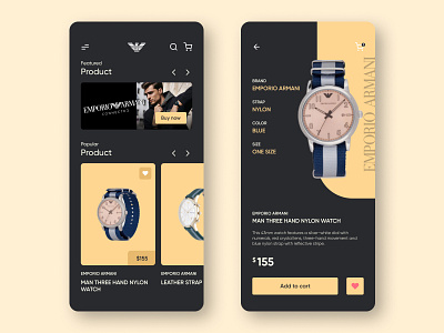 Emporio Armani store concept UI accessories add to cart app app design app ui buy now dark mode design e commerce emporio armani products shopping shopping app store store app ui user interface watch