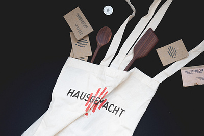 HAUSGEMACHT Totebag branding font design hand hand drawn handmade haus identity logo logo design logomark monogram recycle reusable spoon stationery sustainable typeface upcycling woodcut woodworking