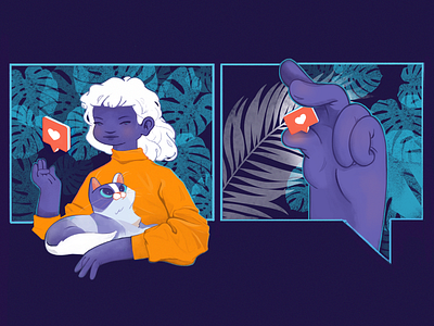 Bonding cat cat character character character design characterdesign colorskin dark theme design drawing girl girl character hand hand drawing illustration likes monstera plantpattern plants violet white hair