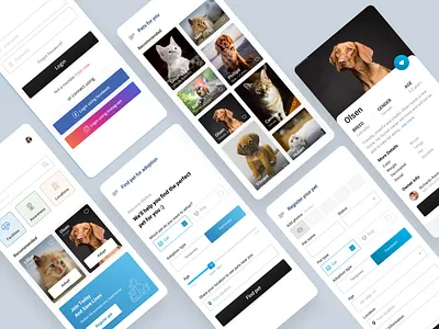 Pets Adoption App adoption android animals app application cat catalogue design dogs figma ios meterial minimal mobile app pet adoption pets side menu sketch social ui