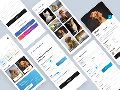 Pets Adoption App adoption android animals app application cat catalogue design dogs figma ios meterial minimal mobile app pet adoption pets side menu sketch social ui