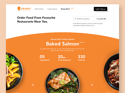 Swiggy Recipe Book Web concept food foodie gourmet homepage landingpage locate minimal modern online orange orders recipe swiggy textbox ui ux web design webapp website