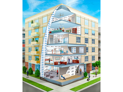 Product Applications for Multifamily Dwelling 3d architecture building building products construction cutaway diagram illustration informational informational graphic interior space interiors rendering reveal