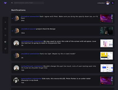 Notifications for DesignHub (in light and dark mode) clean comment dark dark mode dark theme dark ui dashboard dashboard ui design designhub figma light mode like minimal notification center notifications ui ux web app