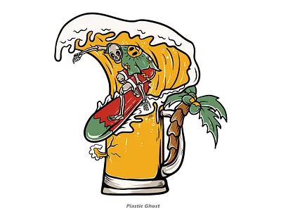 beer wave apparel design artwork beach cartoon design for sale illustration merch merchband skeleton skull surfing wave