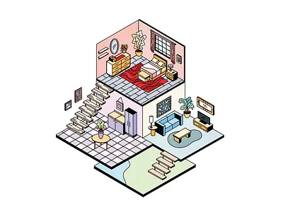isometric illustration bedroom home illustration isometric isometric art isometric illustration kitchen living procreate stairs
