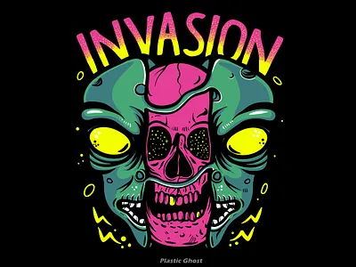 alien invasion alien alienware apparel design area 51 artwork cartoon design for sale illustration invasion merch merchband pink skull skull