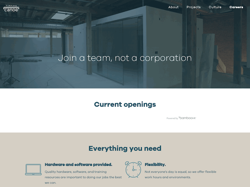 Tipping Canoe careers page coding ui ux web design