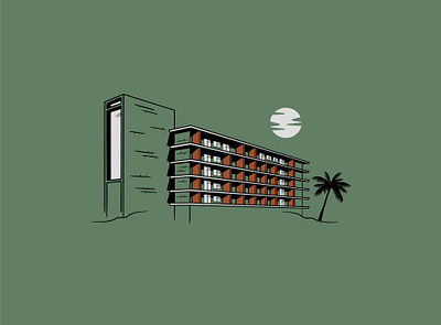 Hotel Illustration brand assets brand identity building building drawing building illustration desert digital illustration hospitality hospitality branding hotel hotel branding illustration midcentury building midcentury hotel midcentury modern palm springs resort branding restaurant branding vector drawing visual identity