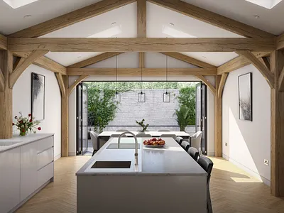 Contemporary Timber Framed Kitchen-Diner - Day time 3d art architecture archviz branding brochure c4d caerphilly cinema 4d interiordesign photoshop redshift3d