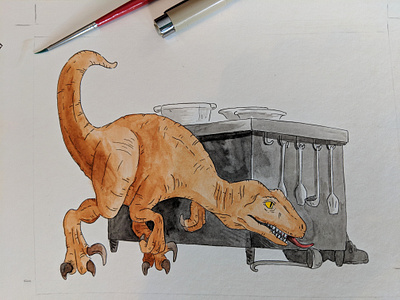 Kitchen raptor dinosaur ink watercolor