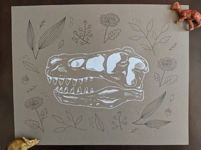 Floral skull dinosaur drawing