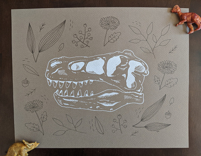 Floral skull dinosaur drawing
