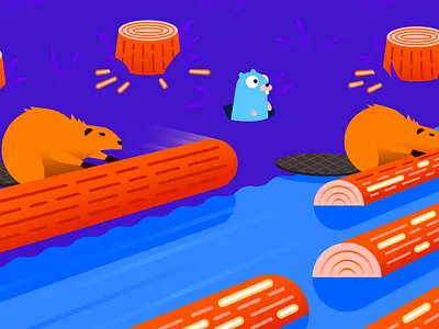 Logging with Go beaver busy chewing go golang gopher gradient illustration illustrator log logging perspective river rolling vector