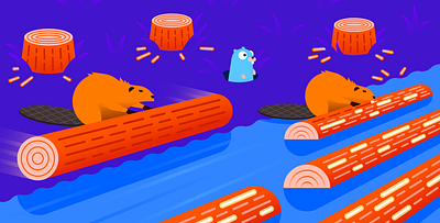 Logging with Go beaver busy chewing go golang gopher gradient illustration illustrator log logging perspective river rolling vector