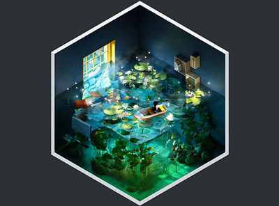 4² Rooms - Flooded Room 3d 3d art 3ds max adobe photoshop design fantasy fishing illustration interior isometric render vray water