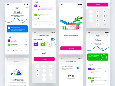 Budget setup all screens (Version 2) budget design digital digital illustration grid icon ios keyboard keypad minimal neel onboarding prakhar restaurant sharma shopping switch trending ui uiux