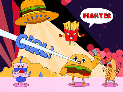 Food war circle cola earth fighter food french fries hamburger hotdog illustrator lineart spacecraft spaceship ufo