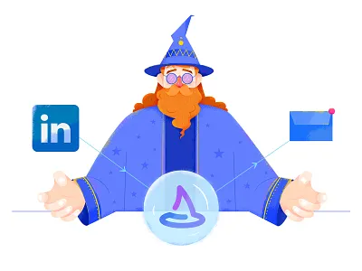 Wiza Illustrations affinity designer ball blue character email fantastic fantasy hat illustration linkedin magic man people purple social socialmedia tool uran wizard