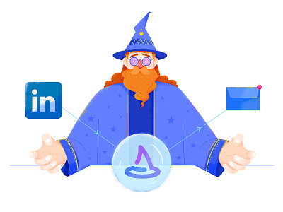 Wiza Illustrations affinity designer ball blue character email fantastic fantasy hat illustration linkedin magic man people purple social socialmedia tool uran wizard