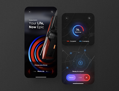 Drone search app UI air app applicaiton applications dark mode dark ui design drone drones mavic mobile mobile design mobile ui mobile user interface search ui uiux user interface ux