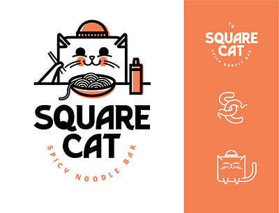 Spicy and Huggable cat illustration logo design noodles ramen restaurant