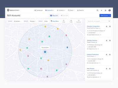 Map visualization account b2b cluster contact crm crm software customers data data visualization deal enterprise group lead list map mapping opportunity route routing saas