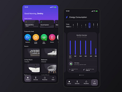 Smart Home App app bathroom bedroom clean console daily ui dailyui dark app dark theme dark ui dashboard device energy flat interface mainpage smart home smarthome ui ux