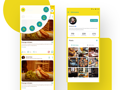 Food Blogging App application ui blog card colors concept design fab feeds food food app grid icon menu social social network uidesign